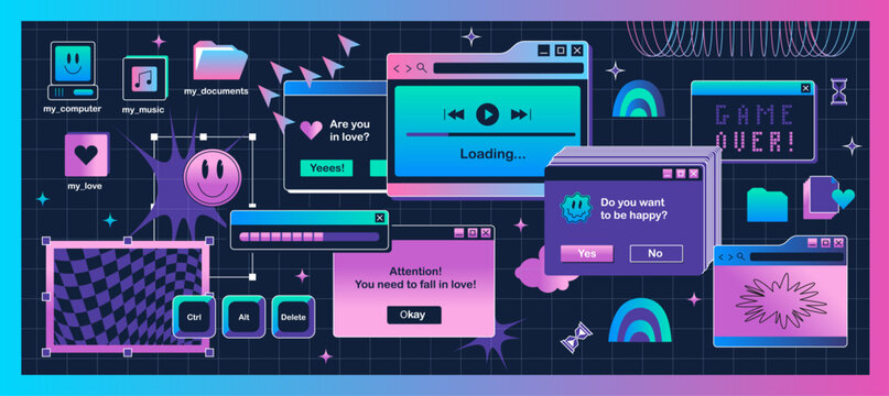 Retro computer interface design elements with vaporwave aesthetic, vintage operating system windows, loading bar, popup messages, and game over screen on dark grid background