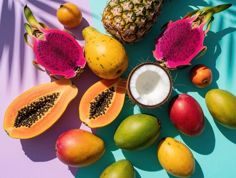 Overhead view of diverse tropical fruits on colorful background. Fresh dragon fruit, papaya, mango, pineapple, coconut halves arranged in pattern. Vibrant organic food selection for healthy diet,