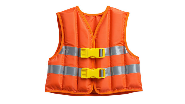 Bright orange child life jacket with reflective strips and yellow plastic buckles