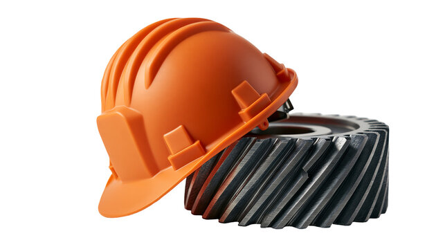 Orange plastic construction hard hat resting on a large metal industrial gear
