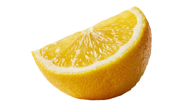 Fresh juicy yellow lemon wedge slice with textured peel and pulp