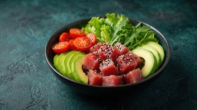 Fresh tuna poke bowl with avocado slices, cherry tomatoes, and lettuce.