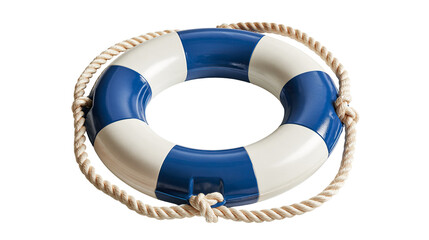 Blue and white striped lifebuoy ring with attached braided rope © Thaddeus