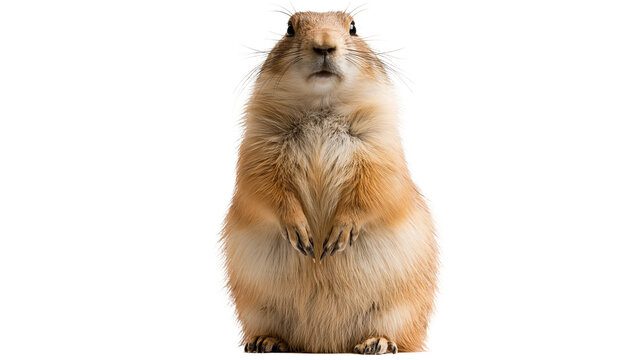 Standing prairie dog with brown fur and alert expression