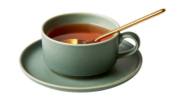 Sage green ceramic tea cup and saucer with a shiny gold metal spoon