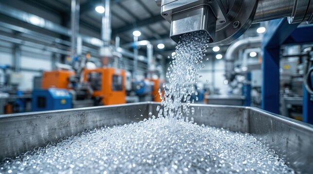 Clear plastic granules pouring from a machine into a metal tray during manufacturing.