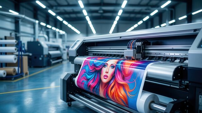 Large format printer producing a colorful graphic of a woman's face and flowing hair.