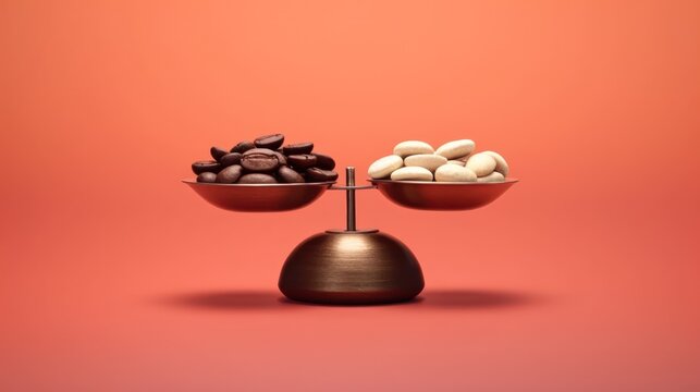 Balance Scale with Coffee Beans and White Beans on Red Background.