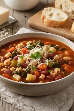 Bowl of Hearty Vegetable Soup with Pasta