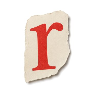 Red letter r printed on torn off scrap paper isolated on white background is perfect for creative scrapbooking ransom note design and alphabet font collection.