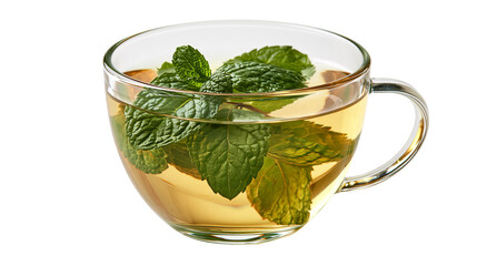 Clear glass cup filled with hot herbal mint tea and fresh green peppermint leaves © Thaddeus