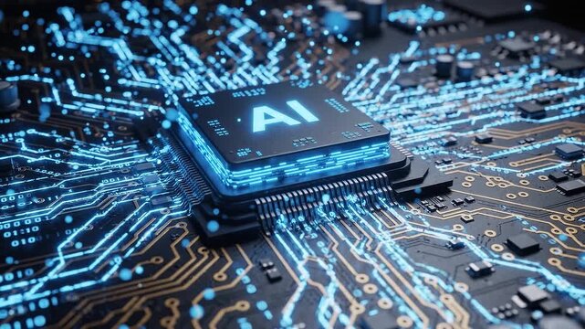 A close-up of a computer processor chip on a motherboard with glowing blue electricity sparks pulsing, representing high-tech processing power and hardware technology.