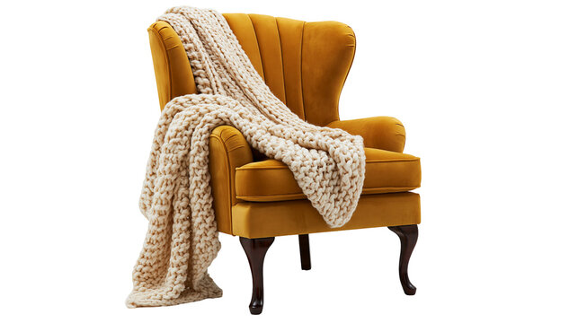 Mustard yellow velvet wingback armchair with a chunky knit cream wool throw blanket