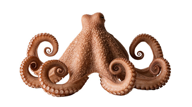 Brown common octopus with curled tentacles and textured skin