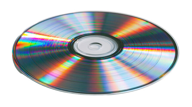 Reflective iridescent circular compact disc with rainbow light diffraction