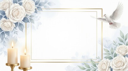Fototapeta premium Elegant funeral frame featuring white roses, burning candles, and a flying dove.