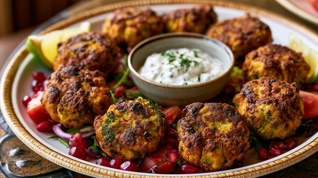 Crispy Broccoli and Chickpea Bhajis with Yogurt Dip and Pomegranate
