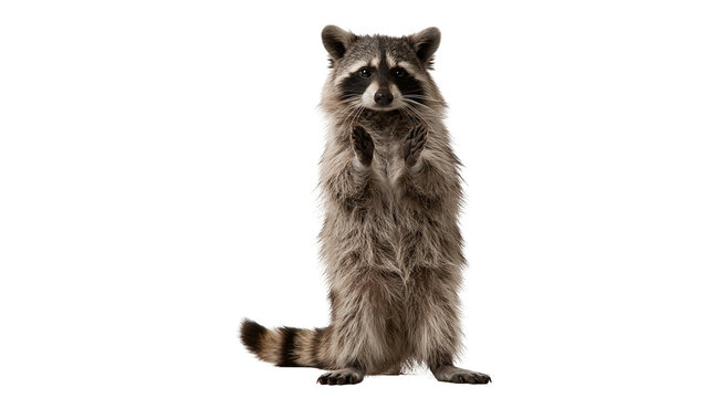 Standing raccoon with grey and black fur and masked face
