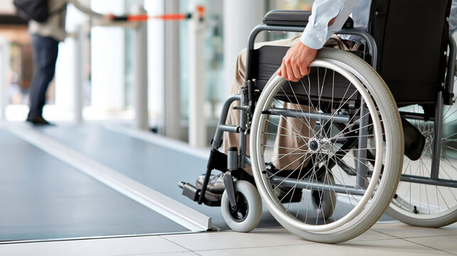 Wheelchair user entering accessible building by ramp, representing disability inclusion, mobility, accessibility and barrier free environment