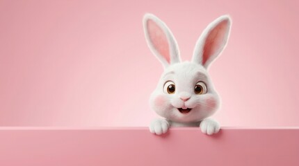 Obraz premium Cute Easter bunny illustration peeking over a pink wall with copy space.