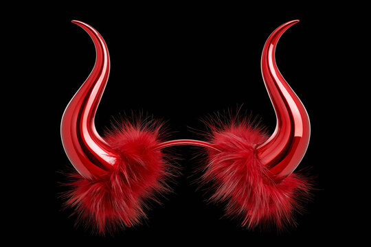 Glossy red devil horns headband with fluffy feather trim on black background