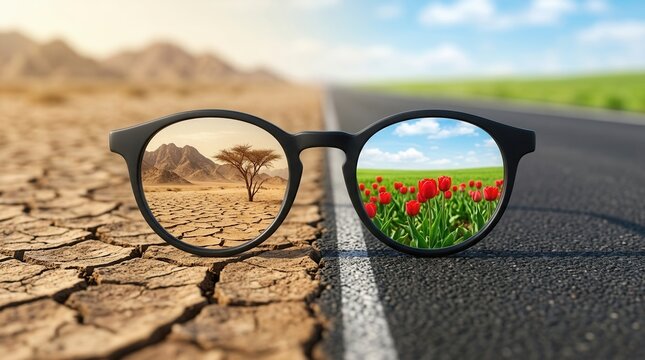Glasses showing contrasting landscapes of a dry desert and a green field with red tulips.