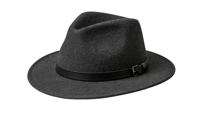 Dark grey felt fedora hat with black leather band and metal buckle