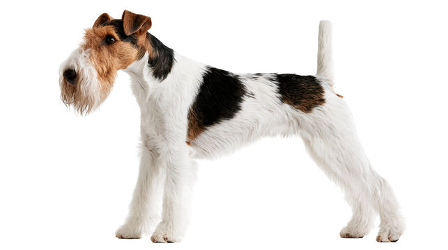 Wire Fox Terrier dog standing in profile with white black and tan fur