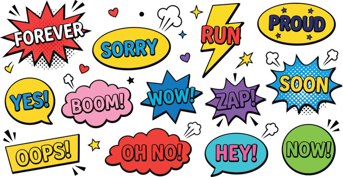 Retro comic book speech bubbles set, pop art explosion bursts with text, vintage cartoon sound effects and expressions, colorful vector stickers