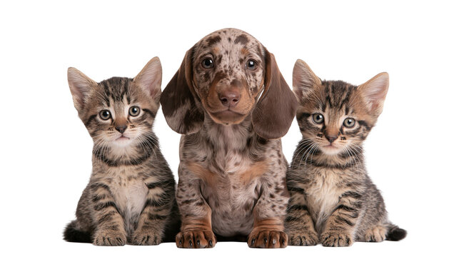Dapple dachshund puppy sitting between two cute tabby kittens