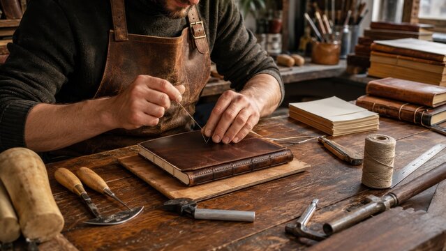 Crafting a leather journal at a workshop with tools and materials on a wooden table