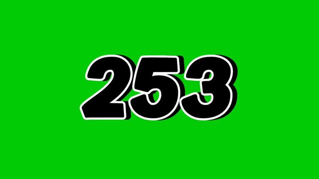 Number 253 Animation Pop up black color on Green Screen Cartoon Style Motion Graphic Video Element