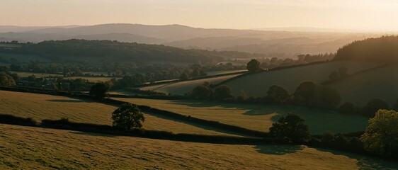 Obraz premium Rolling countryside landscape at golden hour with fields and hedgerows under warm light