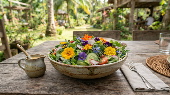 Organic garden salad with colorful edible flowers and fresh vegetables at a tropical farm restaurant