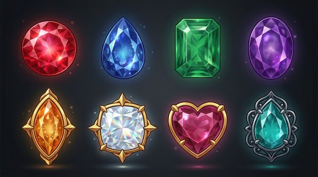Diverse set of colorful gems and mystic cut diamonds for game design assets.
