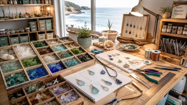 Crafting jewelry at a coastal studio with natural light illuminating colorful materials and ocean view