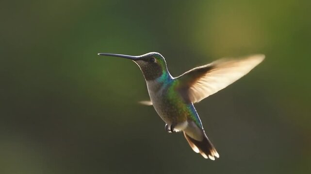 Hummingbird hovering in golden hour sunlight with blurred green background and detailed wings