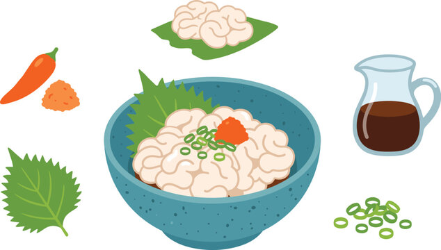 Traditional Japanese delicacy shirako fish milt vector illustration set featuring cod milt bowl ponzu sauce scallions shiso leaf and grated radish isolated on white background