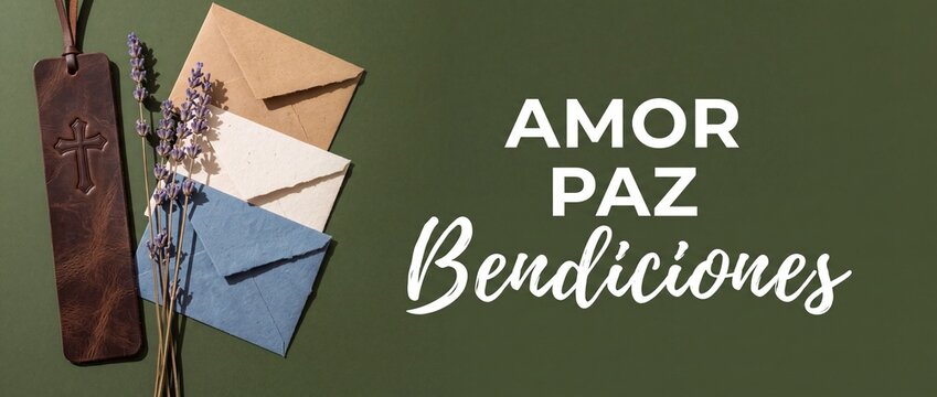 Christian leather bookmark cross envelopes, dried lavender on green background with Spanish text reading Amor Paz Bendiciones for religious faith, love, peace, and spiritual blessing card design.