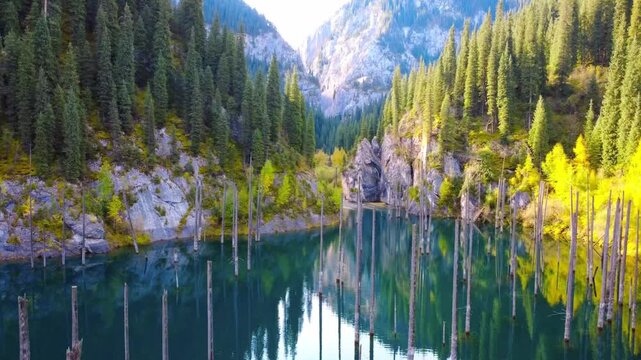 Crystal clear waters and sunken spruce trees at Lake Kaindy during autumn in Kazakhstan