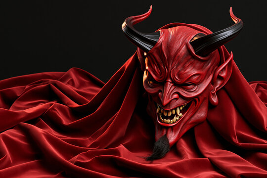 Red devil demon mask with black horns and red velvet drapery