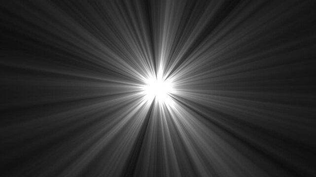 Radiant white light burst with dynamic sunbeam rays emitting from a central point, abstract glowing star flare effect for cinematic backgrounds, motion and visual overlay compositions