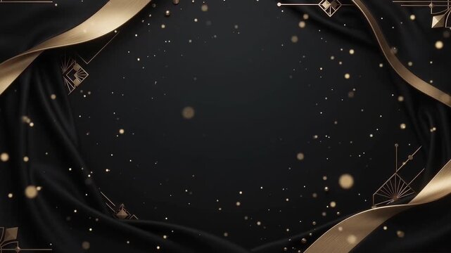 Luxury black and gold shopping background with elegant metallic reflections and golden particles, ideal for premium retail advertising, Black Friday and Cyber Monday campaigns.