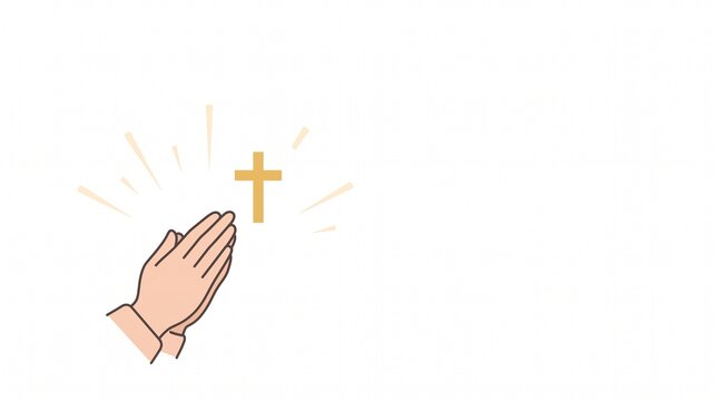 Illustration of hands held together in prayer with a glowing golden cross representing spiritual faith and religious devotion in a minimalist vector graphic style suitable for worship themes Christian