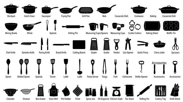 Black kitchenware silhouette icon set with pots pans wok knives whisk spatulas colander and cooking utensils labeled for culinary designs