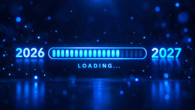 Futuristic digital countdown graphic displaying year twenty twenty six transitioning into twenty twenty seven with glowing blue progress bar loading animation floating against dark cybernetic backgrou
