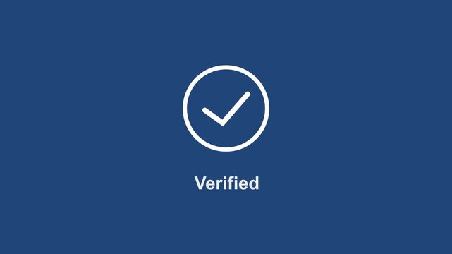 Minimalist verified checkmark animation on deep blue background, motion for user interface digital security confirmation, success status, and approval
