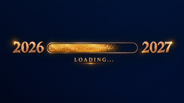Golden loading progress bar transitioning from year twenty twenty six to twenty twenty seven against dark blue background featuring glowing typography and sparkling glitter particle effects