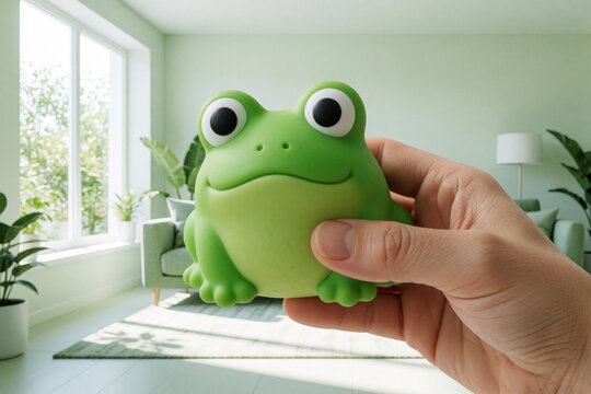 Hand squeezes green frog stress relief toy in bright modern living room. Person uses squishy animal fidget tool for anxiety relief, mental health. Cute foam toy helps manage tension, find emotional