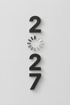 Vertical conceptual design featuring black numbers making up the year twenty twenty seven with a circular loading progress wheel replacing the middle zero against a clean minimal white background